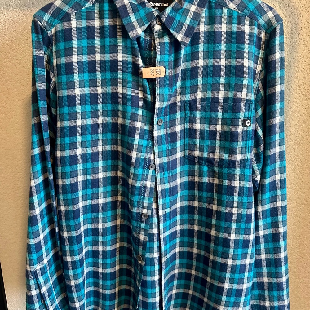 Marmot Men's Teal and White Plaid Shirt